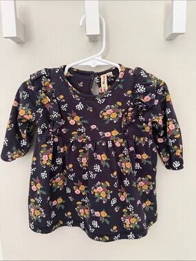 Floral Ruffle Long-Sleeve Dress - Black with Pink & Yellow Flowers